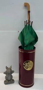 lot 129 image: Vintage 1960s Umbrella Stand With Vintage Umbrella And Pig Lawn Ornament