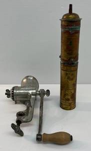 lot 149 image: Antique Brass Coffee Grinder And Universal Brand Hand Meat Grinder