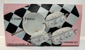 lot 27 image: Celadon Flower Porcelain Enamel On Steel 7 Pc. Cookware Set NIB