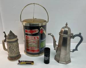 lot 28 image: Misc. Vintage Items Including Beer Stein Made In Germany, Cora Ice Bucket, Pewter Pitcher And More