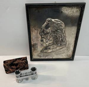 lot 35 image: Framed Vintage (Heavy Metal) Franz Liszt Plaque And Antique SWIFT Vega Princess Opera Glasses Made In Japan