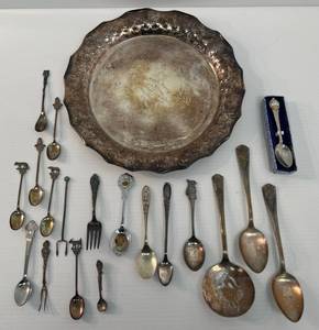 lot 83 image: Group Of Misc. Silver Plate Items Including Souvenir Spoons And More