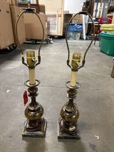 lot 37 image: Pair of antique brass lamps