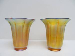 lot 210 image: Matching Pair of Antique Signed QUEZAL Iridescent Glass Lamp Shades
