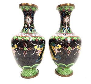 lot 174 image: Matching Pair of Vintage 1950s era Chinese Cloisonne Brass Dragon Vases 