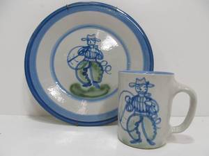 lot 105 image: Vintage Signed M.A. HADLEY Stoneware Pottery CowboyRoundup Plate & Coffee Mug