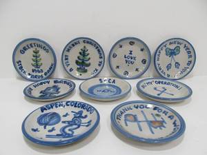 lot 108 image: Great Collection of Vintage 1960s Signed M.A. HADLEY Stoneware Pottery Small PlatesBowls