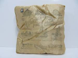 lot 110 image: Original 1933 Worlds Fair Silk Pillow & Pinback Button