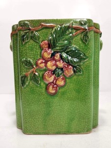 lot 289 image: 1940s Green Embossed Ceramic Cookie or Biscuit Jar wCherries & Grapes