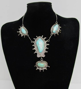 lot 64 image: Beautiful LARGE Signed Sterling Silver & Turquoise Navajo Necklace 