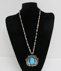 lot 65 image: Large Sterling Silver & Turquoise Southwestern Pendant Necklace