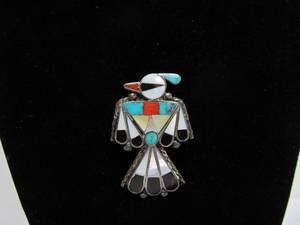 lot 66 image: Vintage Southwestern Sterling Silver Zuni Inlaid Stone Thunderbird PinBrooch