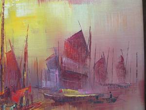 lot 337 image: Mid Century Original Oil On Canvas Harbor And Boats Scene Signed Raymond