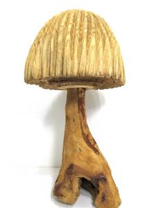 lot 348 image: Large Wood Carved Mushroom Sculpture With Burlwood Stem 21.