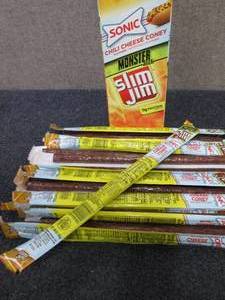 lot 338 image: Box of 18- 1.94 Slim Jim Sonic Chil...