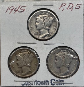 Three Mercury Dimes - 1945 P, D, & S