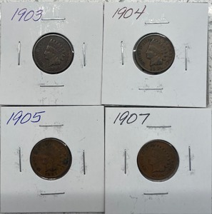 Four Indian Head Pennies - 1903, 1904, 1905, & 1907