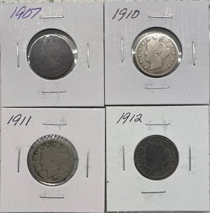 Four Liberty Head Nickels - 1907, 1910, 1911, & 1912