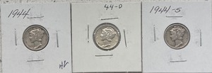 Three Mercury Dimes - 1944 P, D, & S