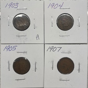 Four Indian Head Pennies - 1903, 1904, 1905, & 1907