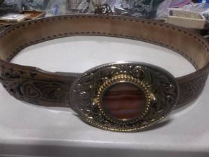 Tooled Belt With Agate Inlayed Buckle Looks New & Hand Made