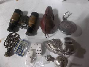 Vintage Binoculars, Metal Wind Up Toy & Many Other Items
