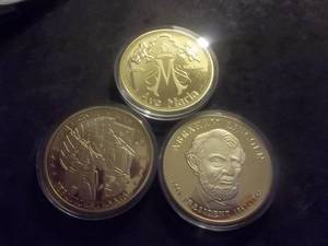 3-54g Gold Layered Commerative Coins Lincoln, Civil War & Ave Maria