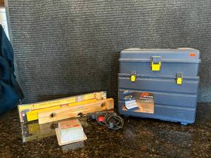lot 35 image: Plano Storage Box, Craftsman Glue Gun, and Levels