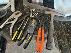 lot 56 image: Assorted Tool Lot Clamp Light, Hammers, and More