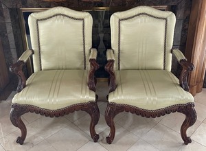 lot 79 image: Stunning Carved Wooden Upholstered Chairs with Accent Pillows
