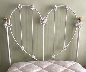 lot 65 image: Pair of Heart Shaped White Metal Twin Beds with Brass Accents