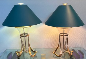 lot 82 image: Pair of Vintage Contemporary Style Brass and Glass Based Lamps