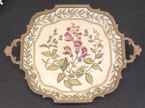 lot 194 image: Castilian Hand-Painted Tray with Brass Feet, Edging and Handles with Stand