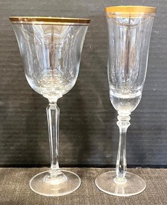 lot 302 image: Golden Rimmed Crystal Wine Glasses and Champagne Flutes