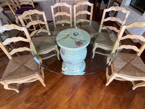 lot 15A image: Gorgeous Round Glass Top Table with Floral Accented Base and 6 Wooden Cane Seat Chairs