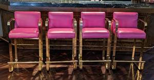 lot 12 image: Amazing Custom Upholstered Hot Pink Leather and Brass Barstool Set