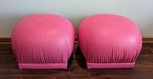 lot 12A image: Pair of Custom Upholstered Hot Pink Leather Poufs