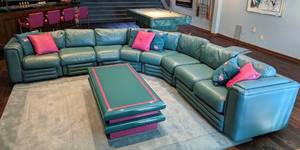 lot 27A image: Large Custom Upholstered Teal Green Contemporary Leather Sectional