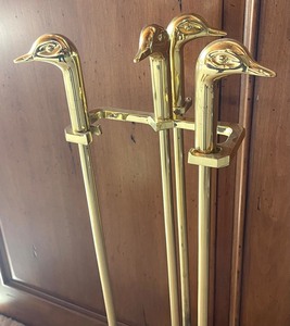 lot 380 image: Brass Duck Head Fireplace Set and Log Holder