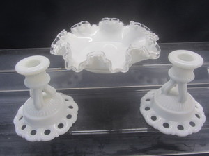 Milk Glass Bowl & Candle Stands