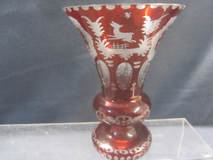 Ruby Cut To Clear Hunting Scene Vase