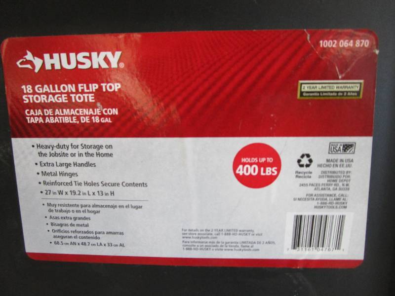 3 Husky 18 Gallon Flip top Storage Totes In nice condition Used in warehouse SOLD AS IS MN HOME OUTLET WAREHOUSE DOWNSIZING PICK UP MONDAY MARCH 20TH FROM 7AM 6PM K BID