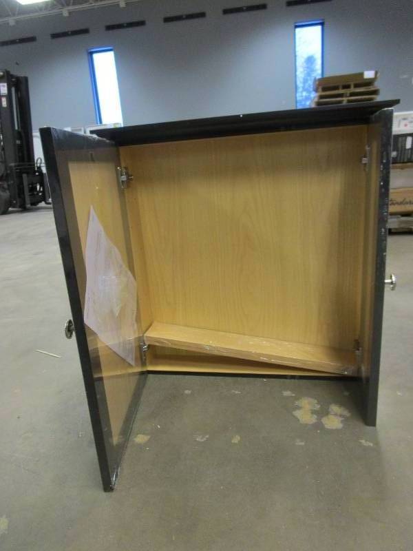 lot 79 image: Home Decorators Collection 24-34 in. W x 24-58 in. H Fog Free Framed Surface-Mount Bi-View Bathroom Medicine Cabinet in Java with Mirror (SMALL SIDE MIRROR IS CRACKED, SEE PHOTOS)