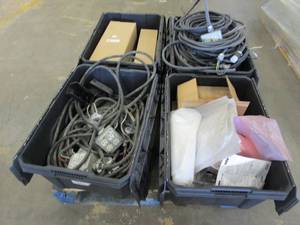 lot 9 image: Pallet of Electrical Cables and Boxes, Retail Display Hooks and More - Used in warehouse - SOLD AS IS.