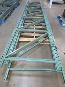 lot 11 image: 3 Teardrop Uprights, (One Upright has a bent bottom rung)  Approximately 18ft x 42in. Have FeetBase, Used in warehouse - SOLD AS IS.