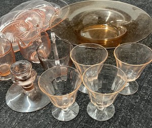 lot 34 image: HUGE Lot Of Misc. Pink Depression Glass Plates, Cups, Pourer, and Candle Holders