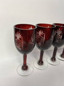 lot 32 image: Vintage Bohemian Ruby Red Cut To Clear 5 Tall Wine Goblets. Matching Set Of 6