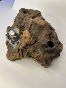 lot 64 image: Antique Wooden Inkwell With Pen Holder, Glass Inkwell, and Hinged Storage Area