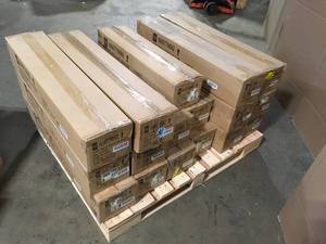 Pallet of Pre-Cut White Cordless Room Darkening 1 in. Slat Aluminum Blind 27 in. W x 64 in. L, Customer returns, Review all pictures