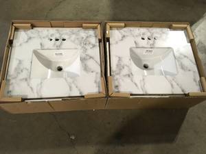 Home Decorators Collection  25in. W x 22 in. D Engineered Marble Single Trough Basin Vanity Top in Calacutta with White Basin, Lot of 2, Customer returns, Review all pictures